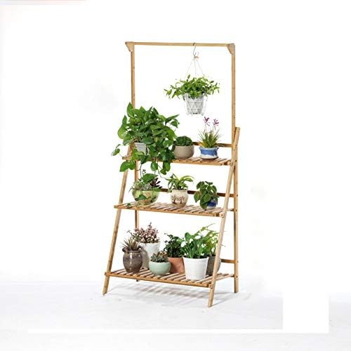 3 Tier Foldable Bamboo Plant Shelf, Wooden Foldable Flower Pot Organizer for Garden Indoor