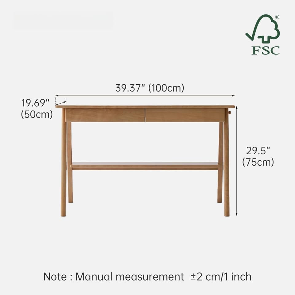 39 Inch Solid Oak Mid Century Desk with 2 Drawers, Home Office Writing Computer Table