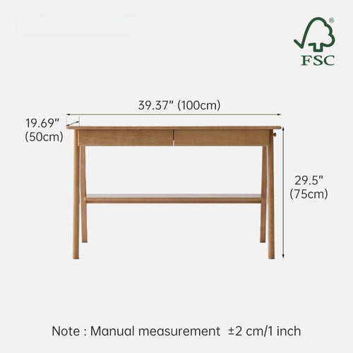 39 Inch Solid Oak Mid Century Desk with 2 Drawers, Home Office Writing Computer Table