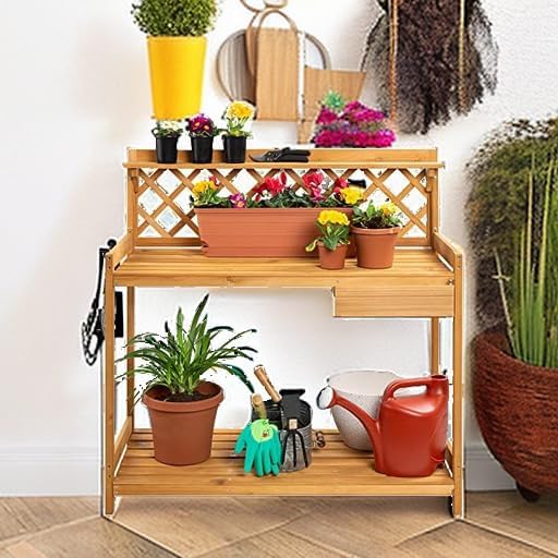 Best Choice Products Outdoor Garden Potting Bench, Wooden Workstation Table w/Cabinet Drawer, Open Shelf, Lower Storage, Lattice Back - Natural