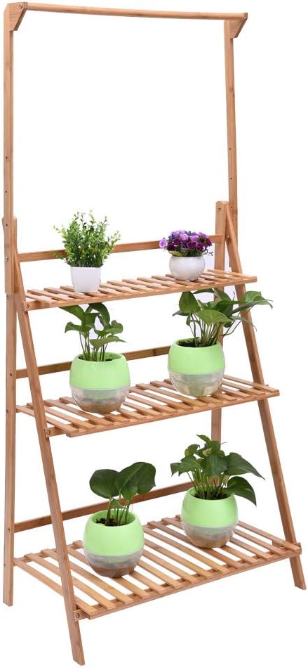 3 Tier Foldable Bamboo Plant Shelf, Wooden Foldable Flower Pot Organizer for Garden Indoor