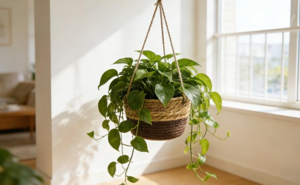 4 Pcs Woven Hanging Planter Basket Set, 7.9 in Opening, Plastic Liner, Jute Rope, Straw Plant Pots for Indoor Outdoor Plants