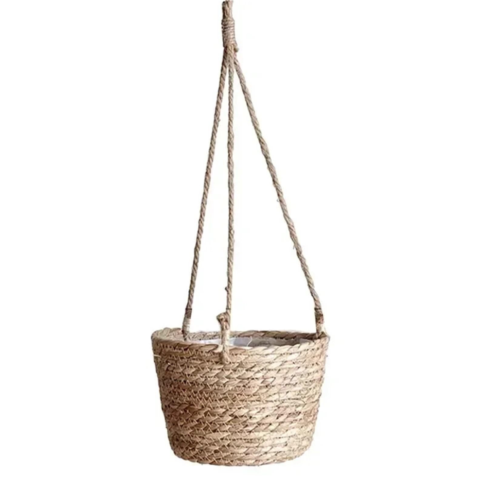 Straw Weaving Flowerpot Hang Flowerpot Strong Load-Bearing Capacity Bracket High-Capacity Straw Weaving Hanging Flower Basket(Original Color)