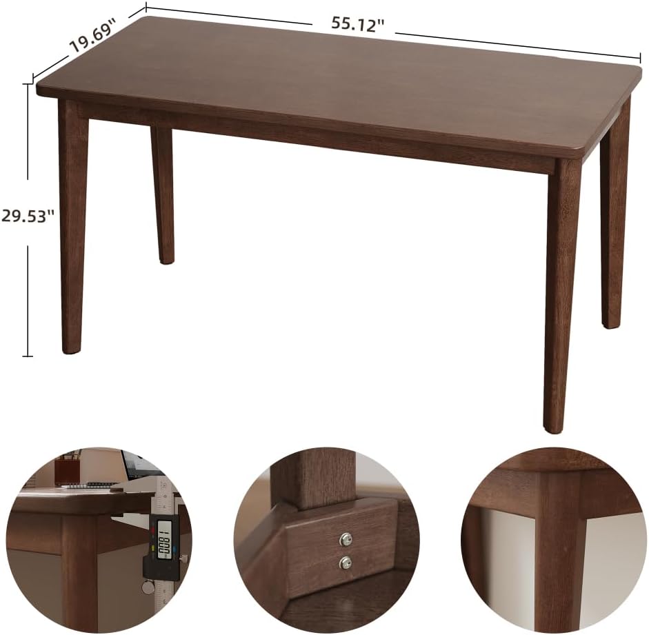 55.1" Solid Wooden Writing Desk, FAS Grade Rubberwood, Mid-Century Modern, Space-Saving for Bedroom Small Spaces (Walnut,55.10 inch)