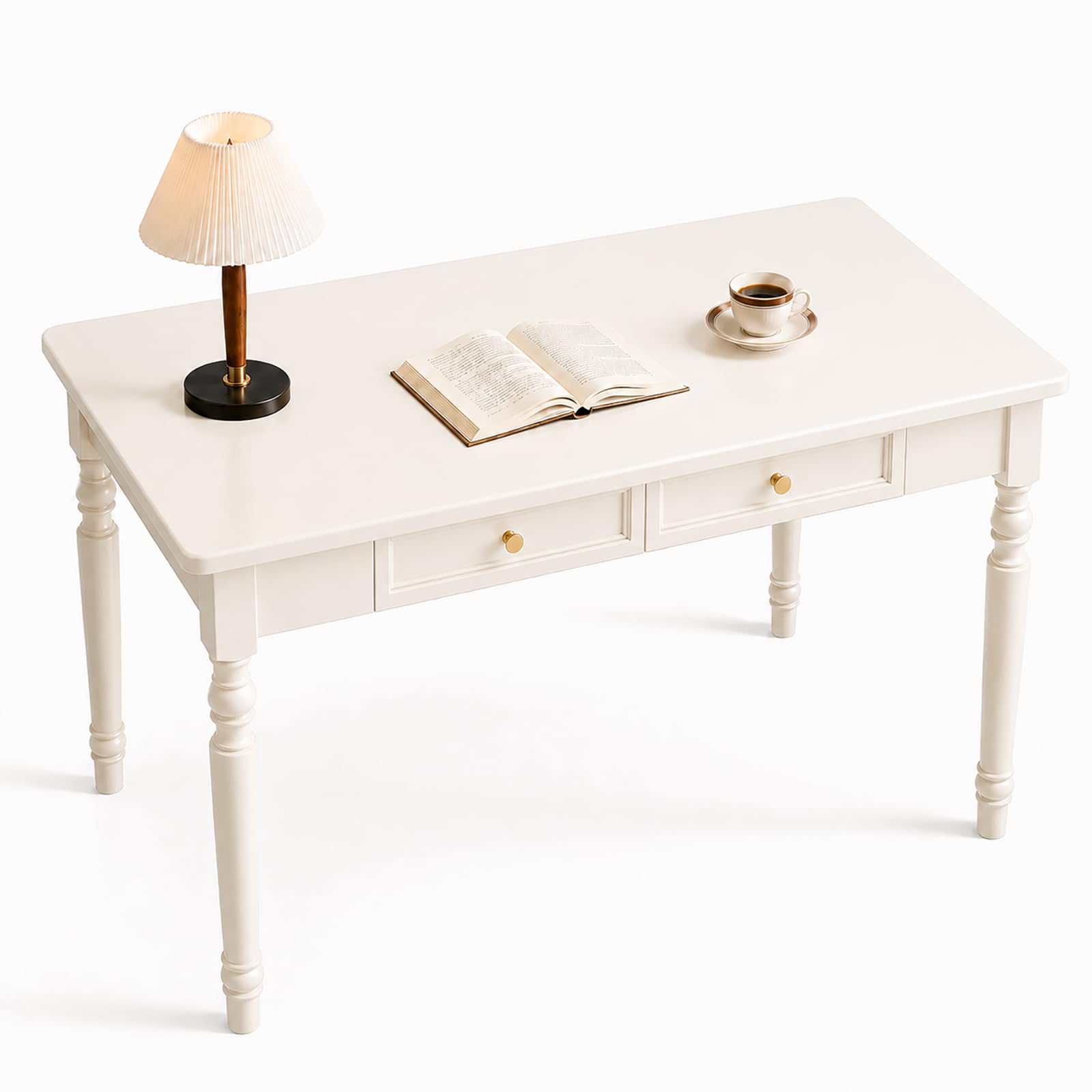 Walnut Writing Desks with Drawers, 47" Solid Wood French Country Style Computer Desk for Home Office, Living Room Study Workspace or Bedroom, Traditional Vanity Dressing Table