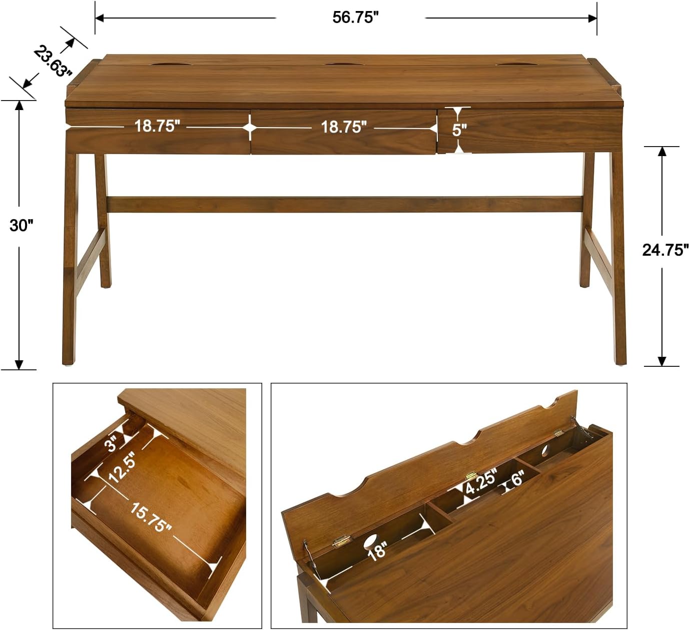 ROCITY Walnut Wood Desk with Drawers Home Office Desk Mid Century Modern Writing Table for Bedroom Vanity Living Room Study Workstation