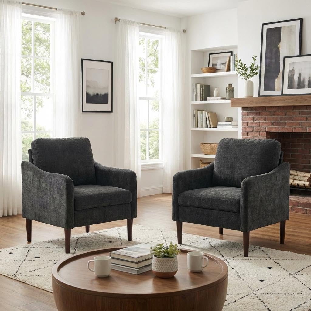 Mid Century Modern Accent Chair, Chenille Fabric Armchair with Curved Arms, Upholstered Reading Chair, Cloud Single Sofa Chair for Living Room, Bedroom, Office, Waiting Room, Orange