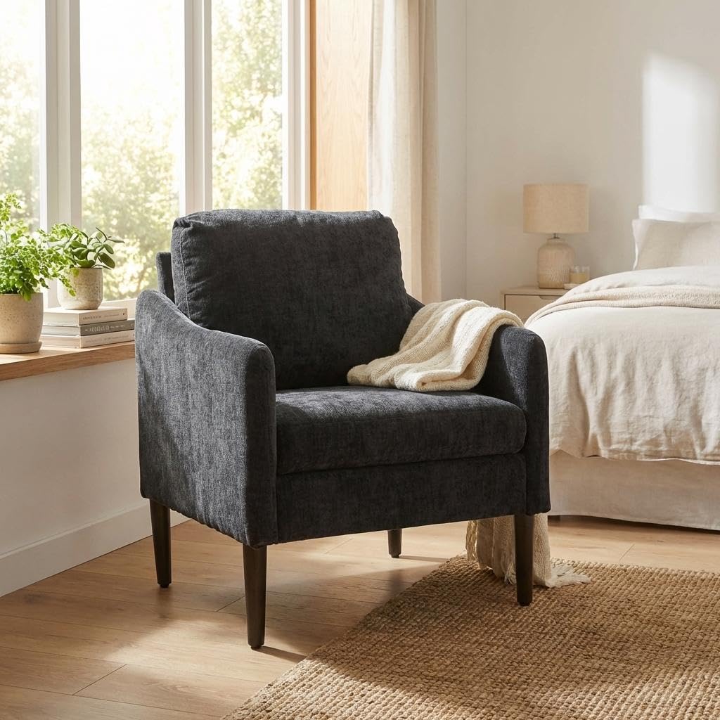 Mid Century Modern Accent Chair, Chenille Fabric Armchair with Curved Arms, Upholstered Reading Chair, Cloud Single Sofa Chair for Living Room, Bedroom, Office, Waiting Room, Orange