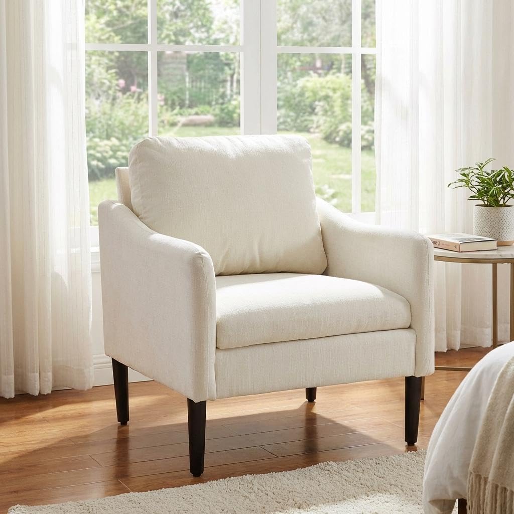 Mid Century Modern Accent Chair, Chenille Fabric Armchair with Curved Arms, Upholstered Reading Chair, Cloud Single Sofa Chair for Living Room, Bedroom, Office, Waiting Room, Orange