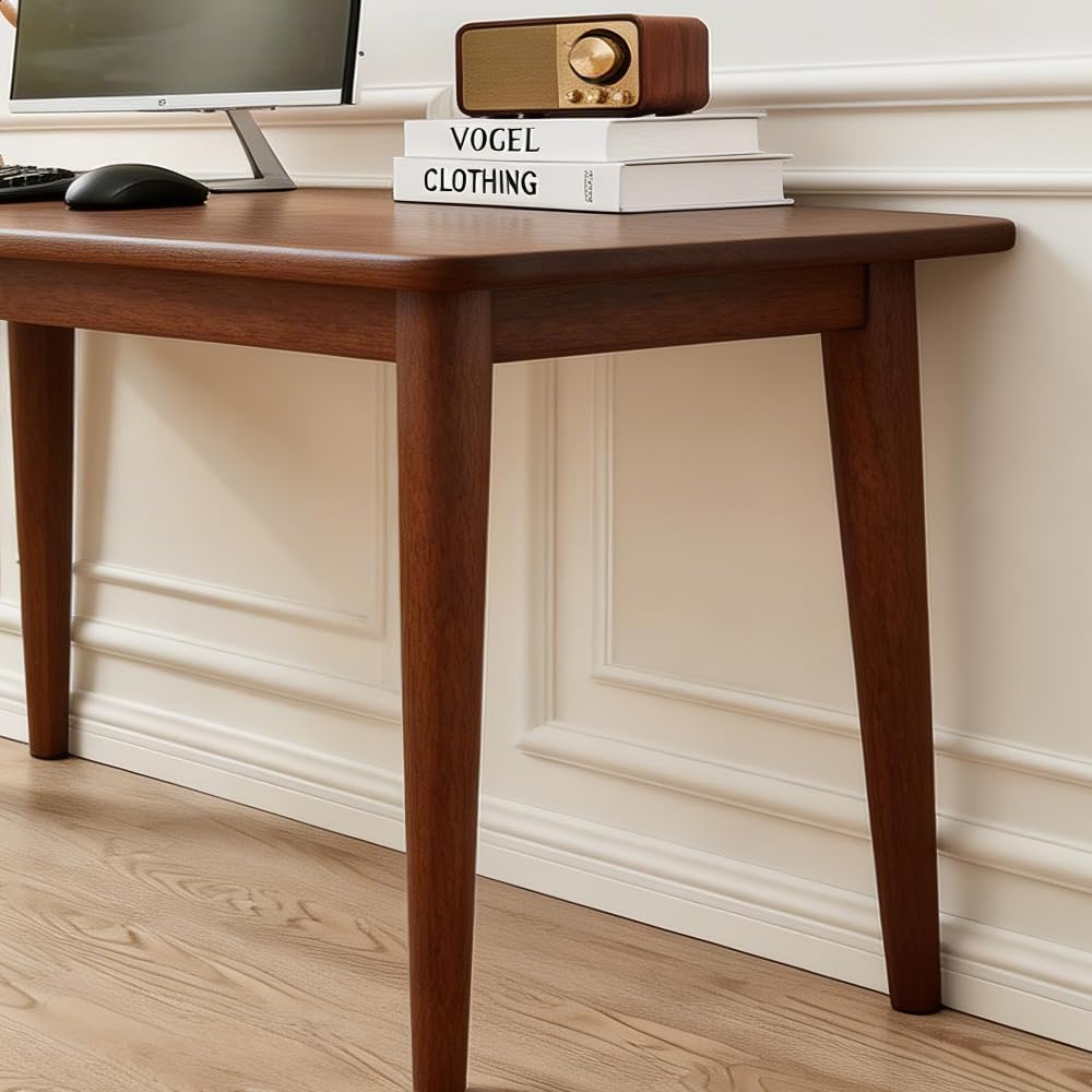 55.1" Solid Wooden Writing Desk, FAS Grade Rubberwood, Mid-Century Modern, Space-Saving for Bedroom Small Spaces (Walnut,55.10 inch)