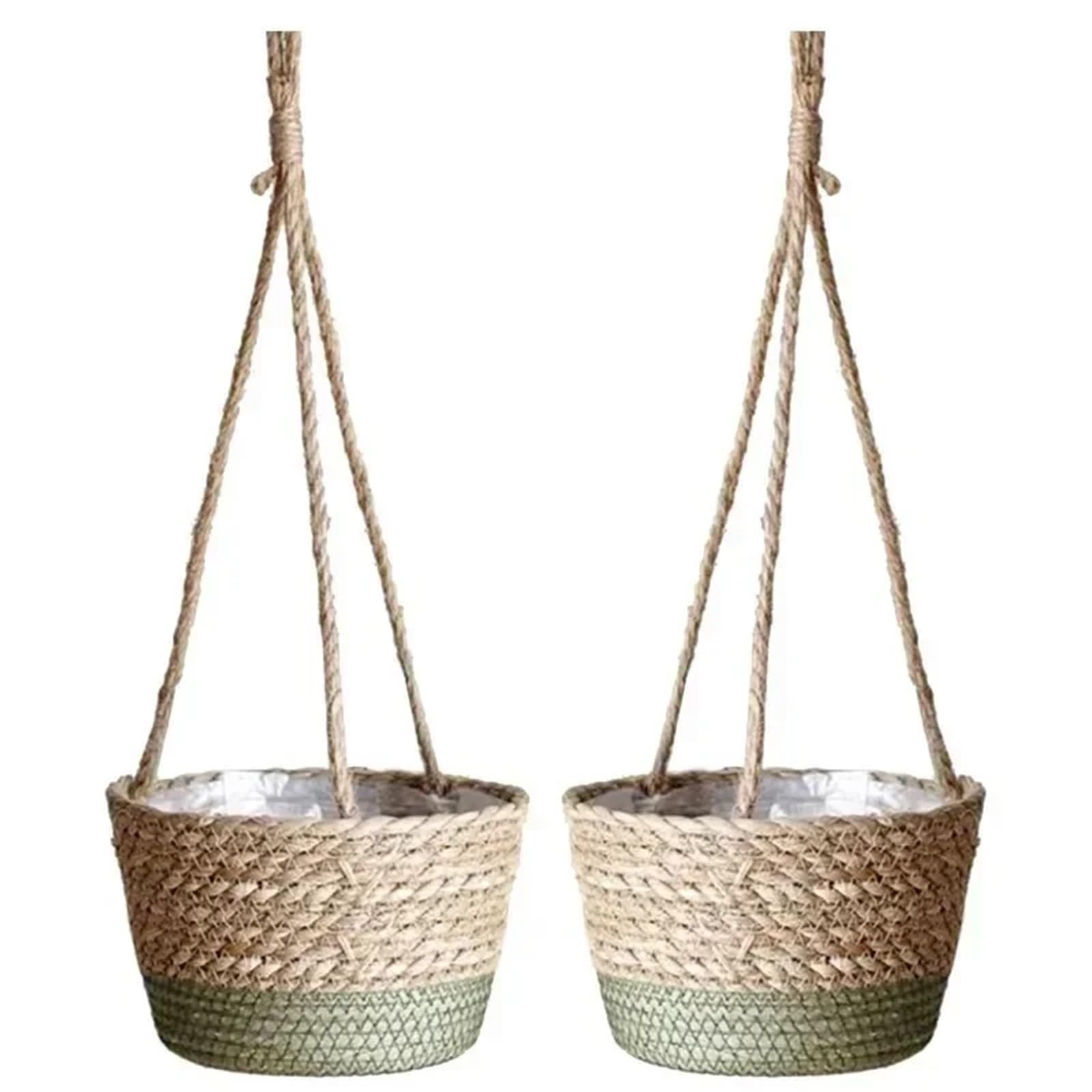 Straw Weaving Flowerpot Hang Flowerpot Strong Load-Bearing Capacity Bracket High-Capacity Straw Weaving Hanging Flower Basket(Original Color)