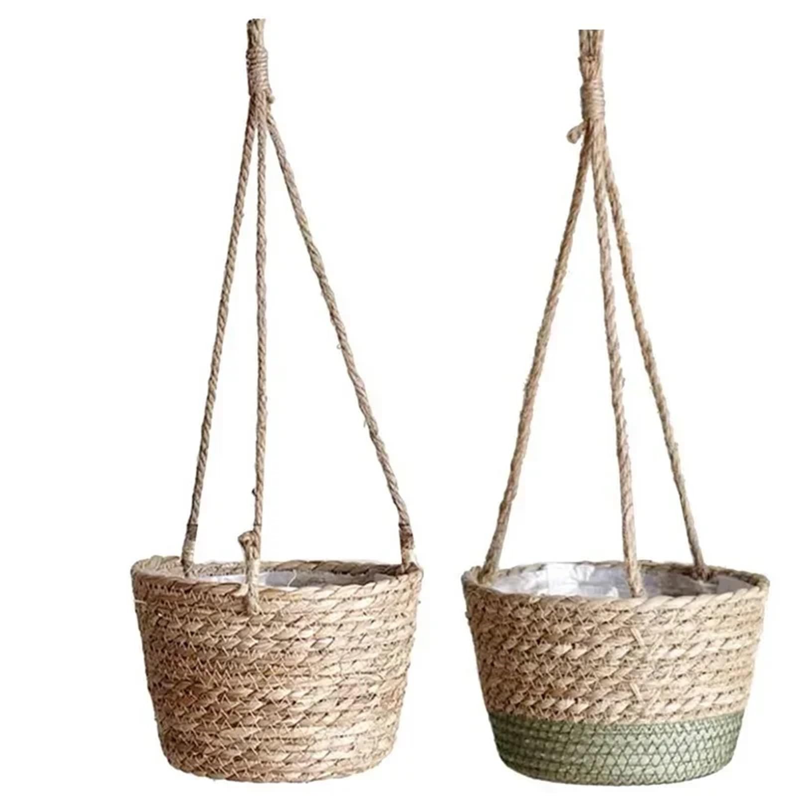Straw Weaving Flowerpot Hang Flowerpot Strong Load-Bearing Capacity Bracket High-Capacity Straw Weaving Hanging Flower Basket(Original Color)