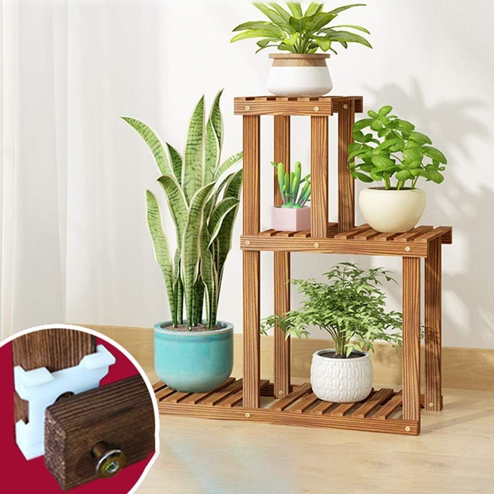 LUSTAR Stylish High and Low Rack Indoor Outdoor Plant Stand Wood Flower Pot Stand Plant Display Rack Holder Steady Vertical Shelves Brown-A