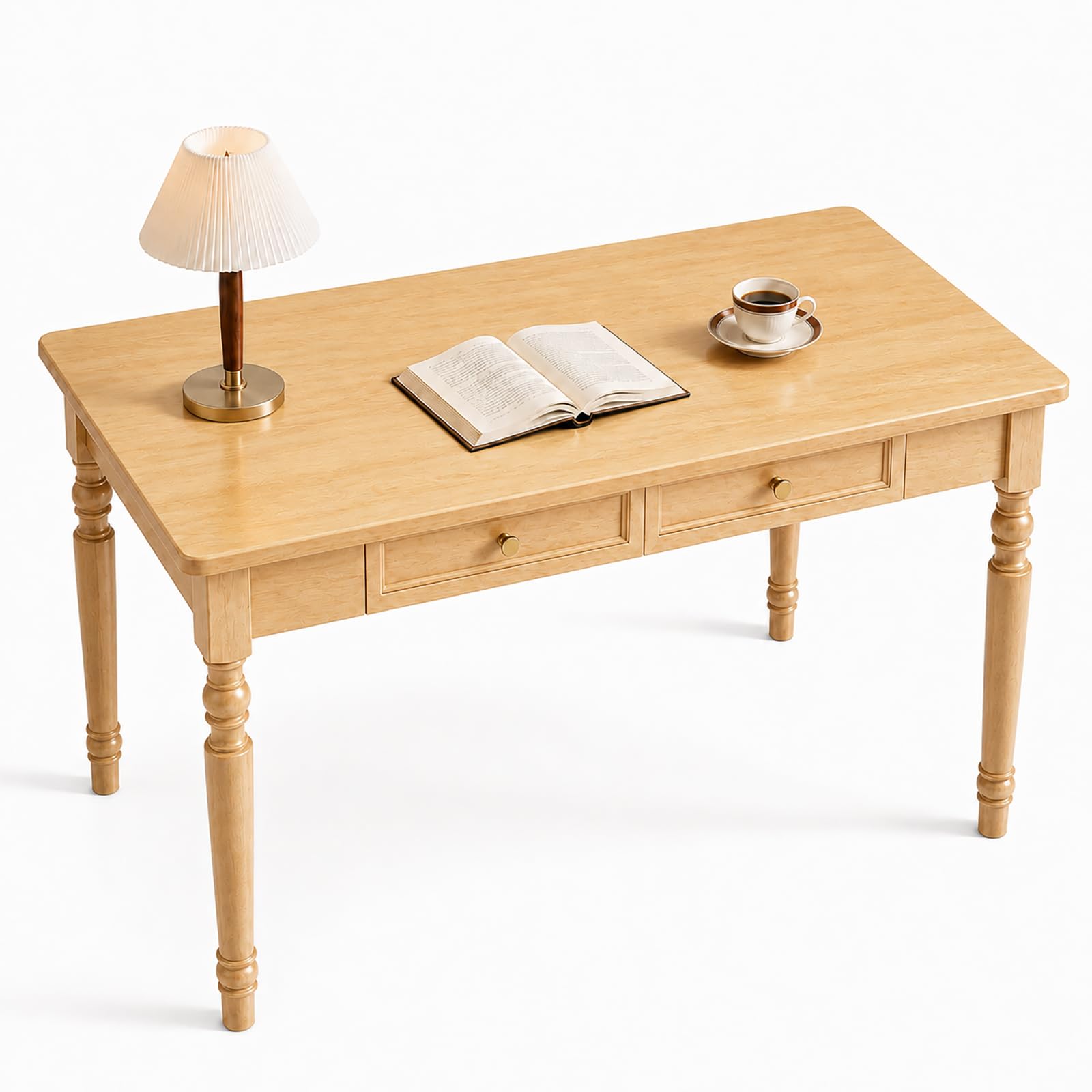 Walnut Writing Desks with Drawers, 47" Solid Wood French Country Style Computer Desk for Home Office, Living Room Study Workspace or Bedroom, Traditional Vanity Dressing Table