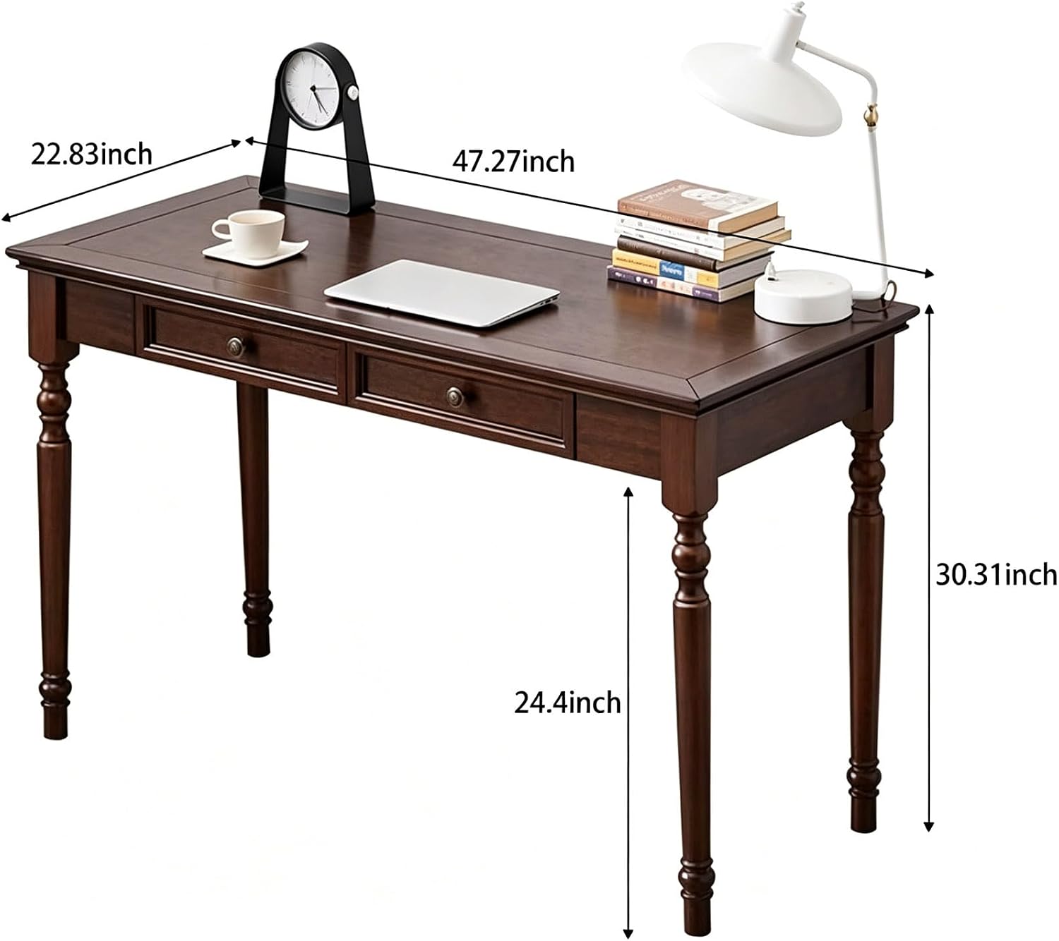 Vintage Walnut Writing Desk with 2 Drawers, 47" Traditional Farmhouse Computer Desk, Solid Wood Classic Vanity Dressing Table, for Home Office Study or Living Room, French Country Style
