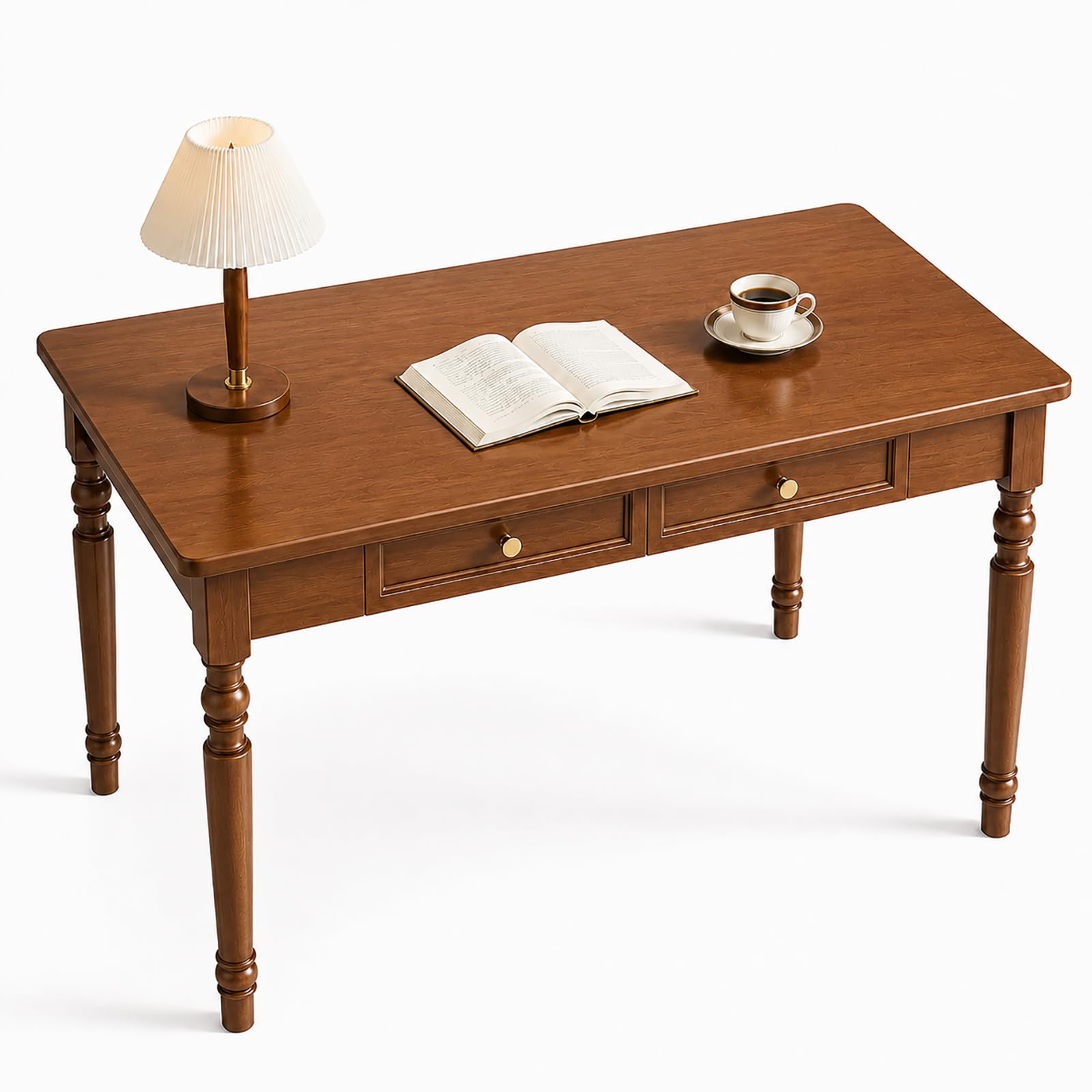 Walnut Writing Desks with Drawers, 47" Solid Wood French Country Style Computer Desk for Home Office, Living Room Study Workspace or Bedroom, Traditional Vanity Dressing Table