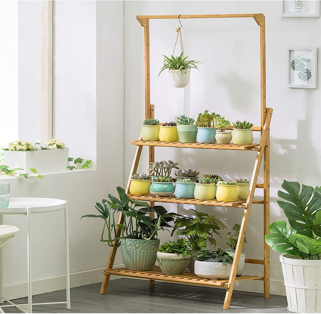 3 Tier Foldable Bamboo Plant Shelf, Wooden Foldable Flower Pot Organizer for Garden Indoor