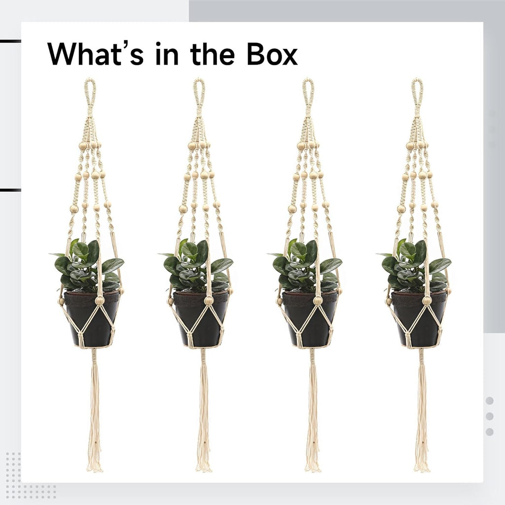 Cotton Rope Plant Hangers 4 Pcs, 39.4 In (100 Cm) Macrame With Wooden Beads, For Indoor And Outdoor, Suitable Small Succulent Pots Planters