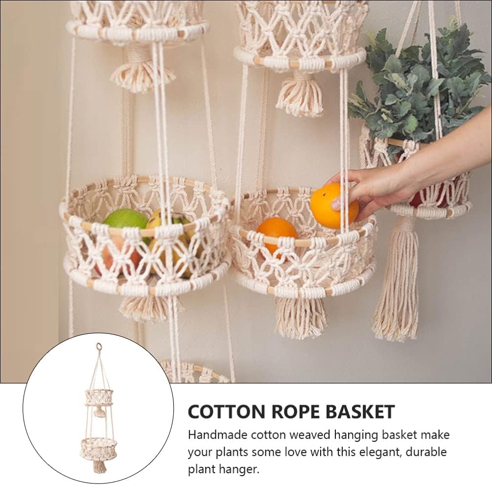 Alipis Macrame Plant Hanger Macrame Hanging Fruit Basket 2 Tier Woven Cotton Rope Storage Baskets Hanging Plant Holder for Vegetable Storage