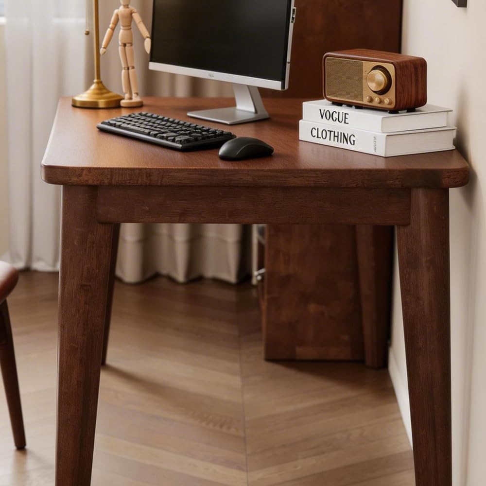 55.1" Solid Wooden Writing Desk, FAS Grade Rubberwood, Mid-Century Modern, Space-Saving for Bedroom Small Spaces (Walnut,55.10 inch)