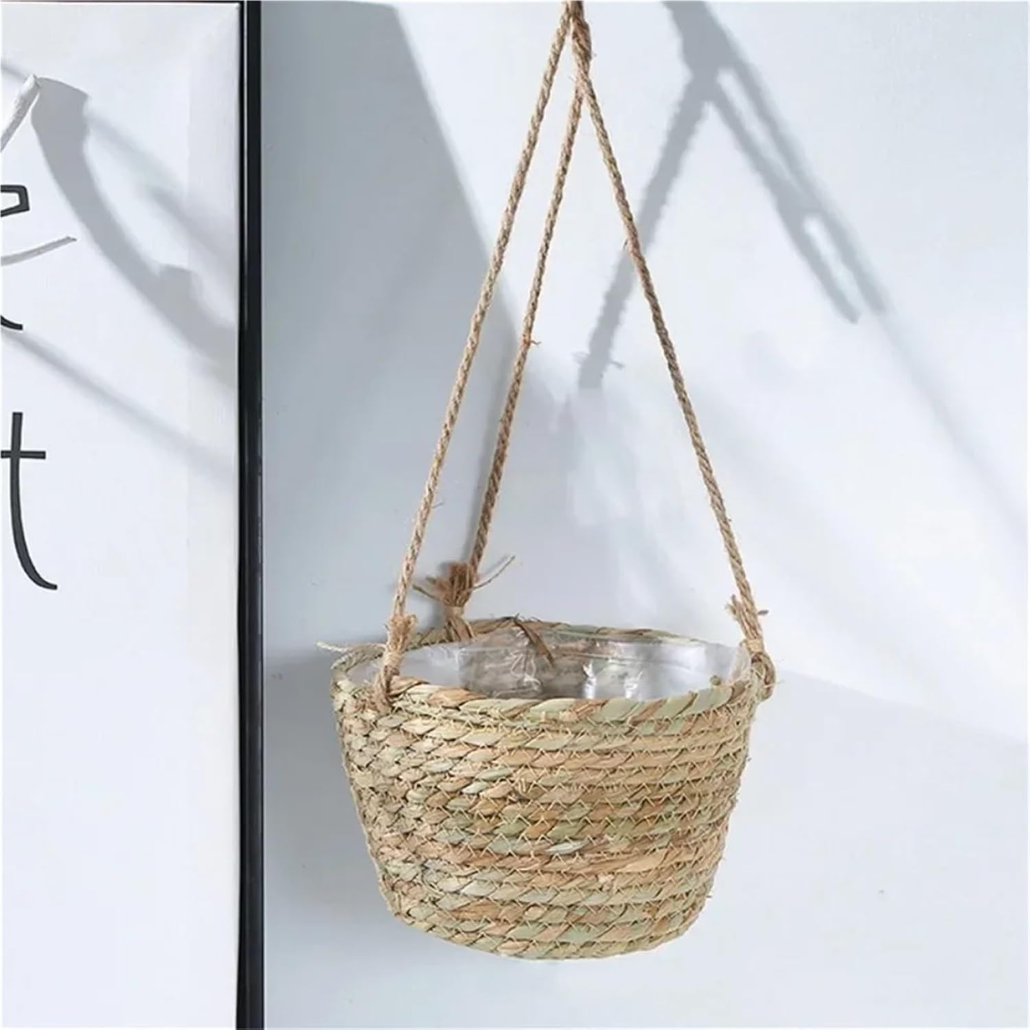 Straw Weaving Flowerpot Hang Flowerpot Strong Load-Bearing Capacity Bracket High-Capacity Straw Weaving Hanging Flower Basket(Original Color)