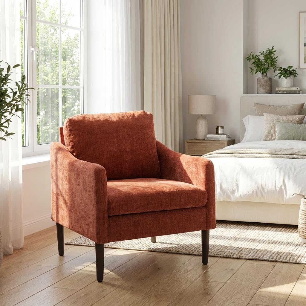 Mid Century Modern Accent Chair, Chenille Fabric Armchair with Curved Arms, Upholstered Reading Chair, Cloud Single Sofa Chair for Living Room, Bedroom, Office, Waiting Room, Orange