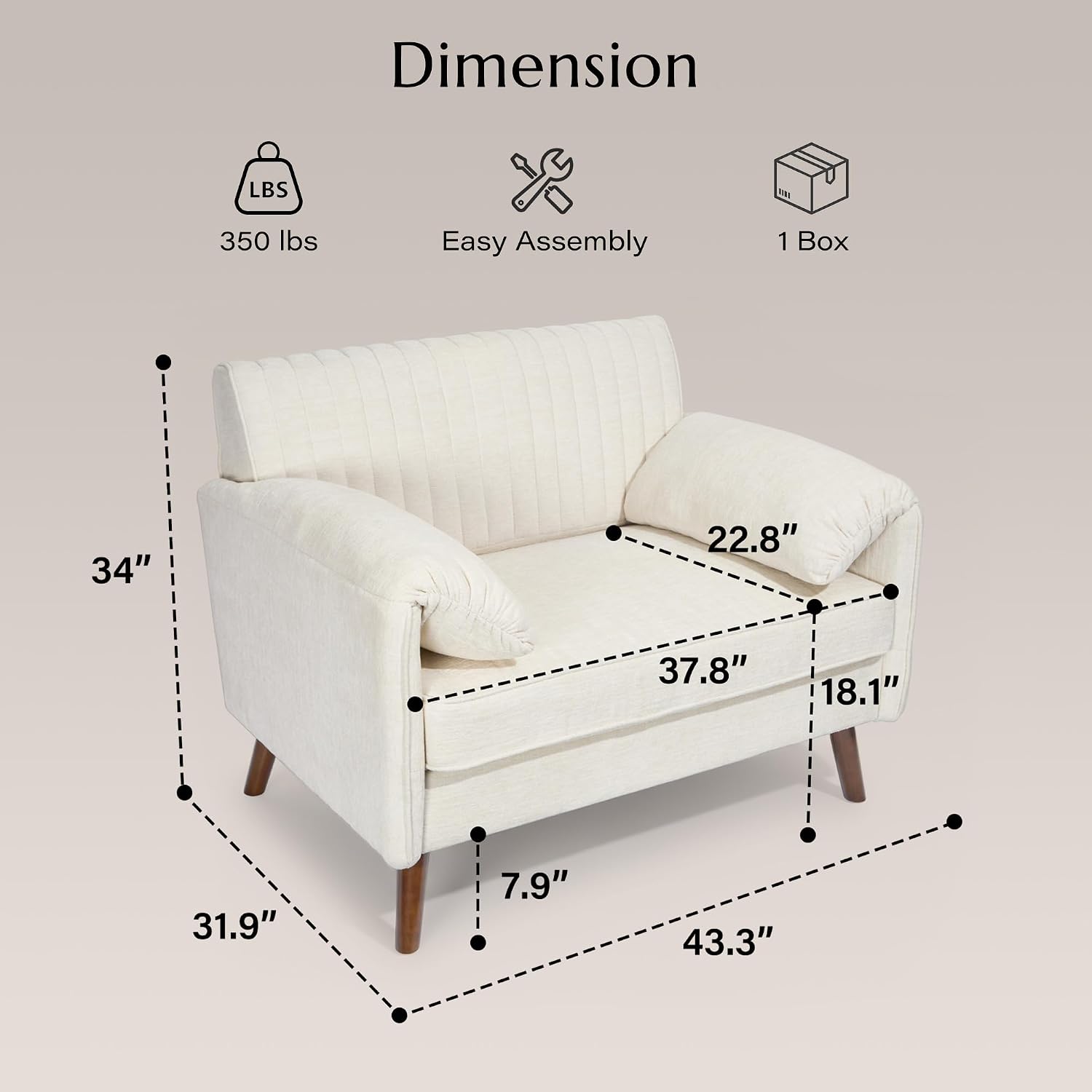 Modern Oversized Accent Chair, 43.3" Piping Single Armchair with Quilting Backrest, Padded Arms, Wood Legs for Living Room, Bedroom, Chenille, Beige