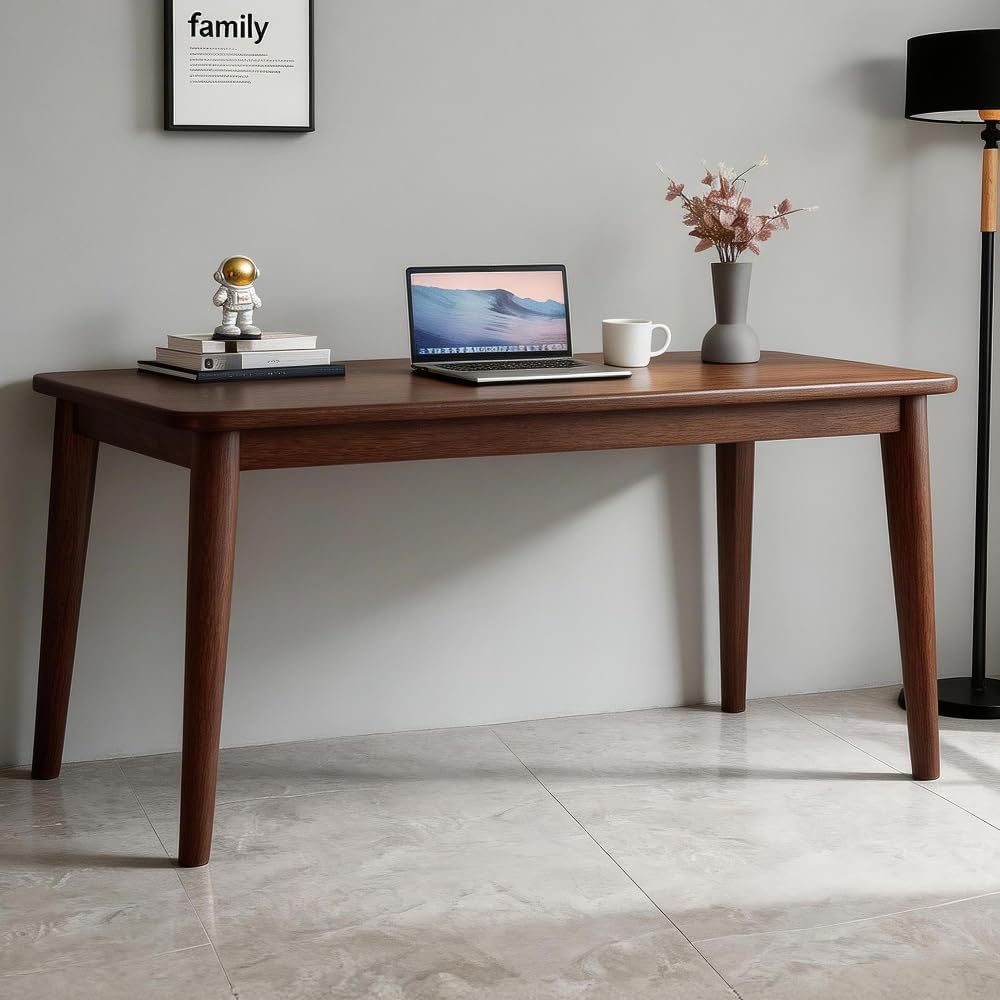 55.1" Solid Wooden Writing Desk, FAS Grade Rubberwood, Mid-Century Modern, Space-Saving for Bedroom Small Spaces (Walnut,55.10 inch)