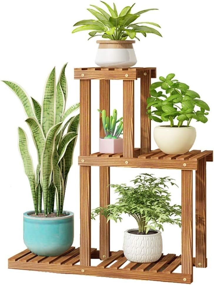 LUSTAR Stylish High and Low Rack Indoor Outdoor Plant Stand Wood Flower Pot Stand Plant Display Rack Holder Steady Vertical Shelves Brown-A