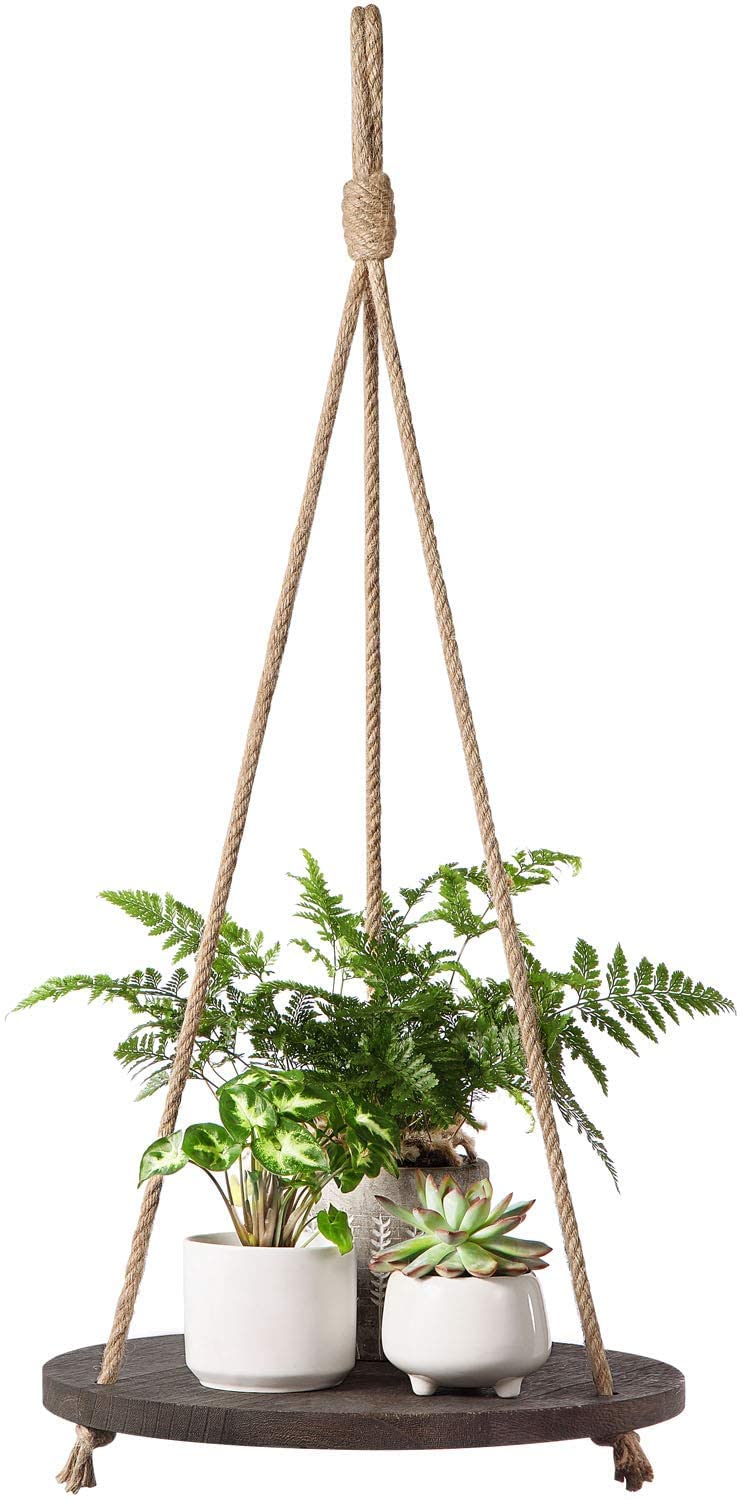 Dahey Hanging Plant Shelf Round Wood Rope Hanging Floating Shelf Boho Home Decor Display Planter Rack for Living Room Bedroom Kitchen Room,Nature