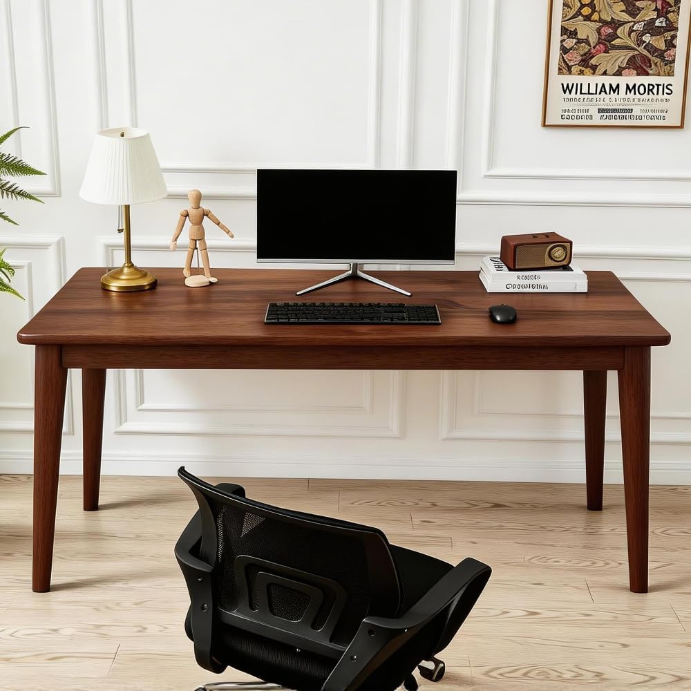 55.1" Solid Wooden Writing Desk, FAS Grade Rubberwood, Mid-Century Modern, Space-Saving for Bedroom Small Spaces (Walnut,55.10 inch)