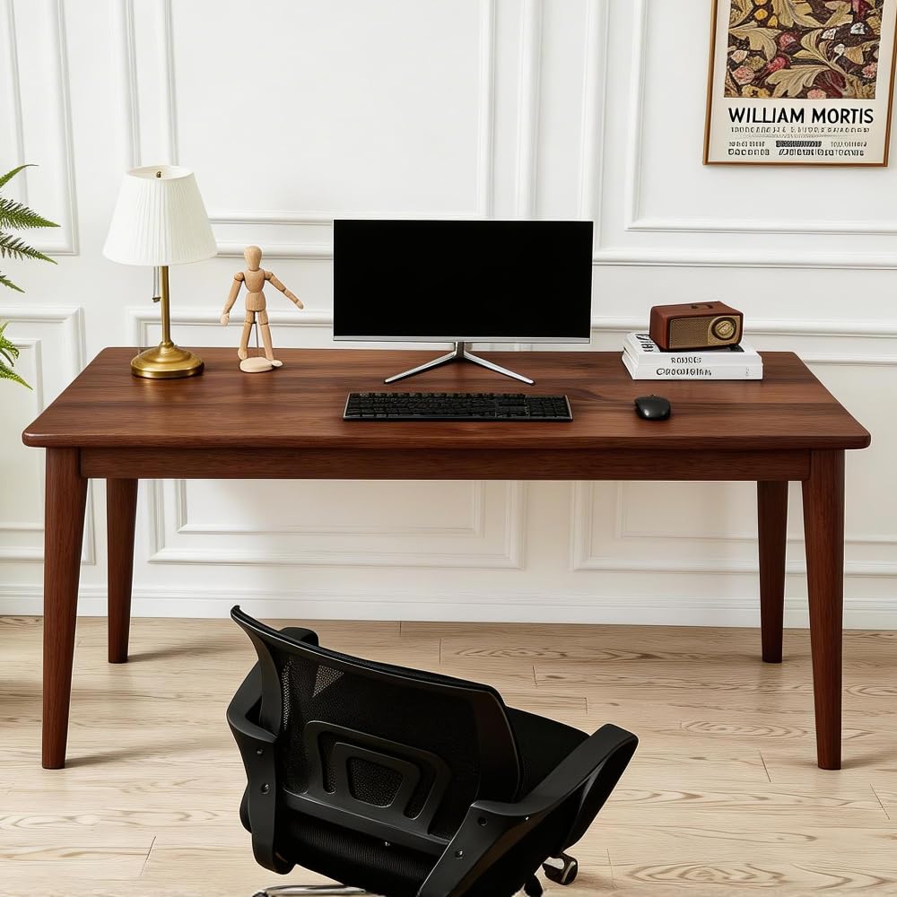 55.1" Solid Wooden Writing Desk, FAS Grade Rubberwood, Mid-Century Modern, Space-Saving for Bedroom Small Spaces (Walnut,55.10 inch)