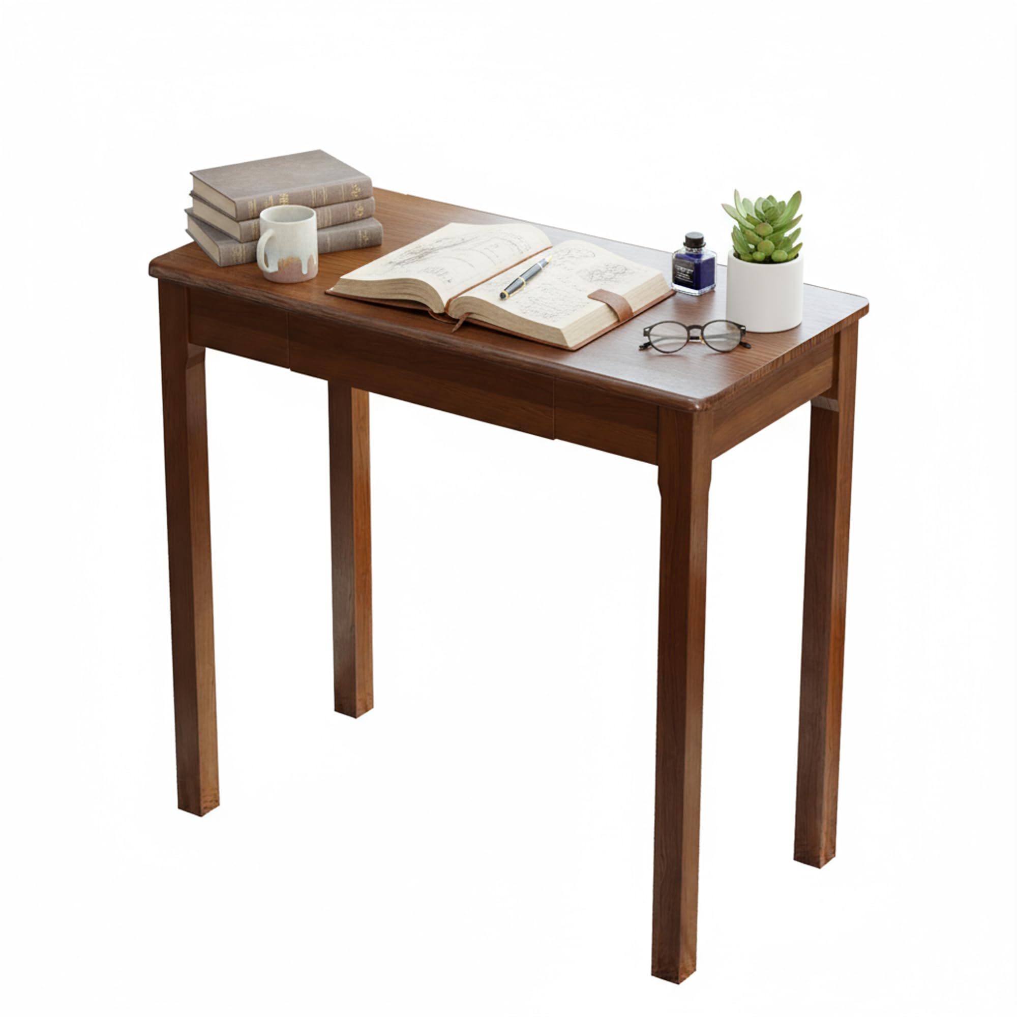 Vintage Solid Wood Writing Desk - 31.5" Mid Century Modern Desk with Drawer, Small Wooden Computer Desks for Home Office, Secretary Desks, Traditional Vanity Dressing Table for Bedroom, Walnut