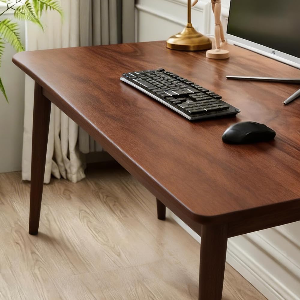 55.1" Solid Wooden Writing Desk, FAS Grade Rubberwood, Mid-Century Modern, Space-Saving for Bedroom Small Spaces (Walnut,55.10 inch)