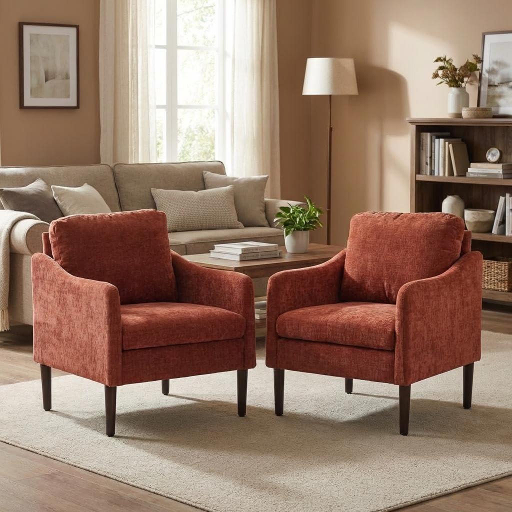 Mid Century Modern Accent Chair, Chenille Fabric Armchair with Curved Arms, Upholstered Reading Chair, Cloud Single Sofa Chair for Living Room, Bedroom, Office, Waiting Room, Orange
