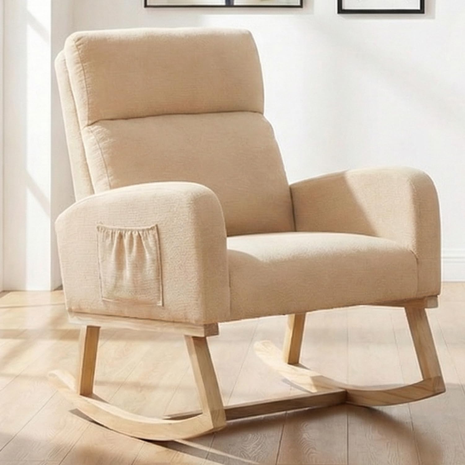 Rocking Chair Nursery - Glider Modern Accent Chairs Upholstered Linen Nursing Rocker Padded Armchair for Indoor Living Room Bedroom Beige