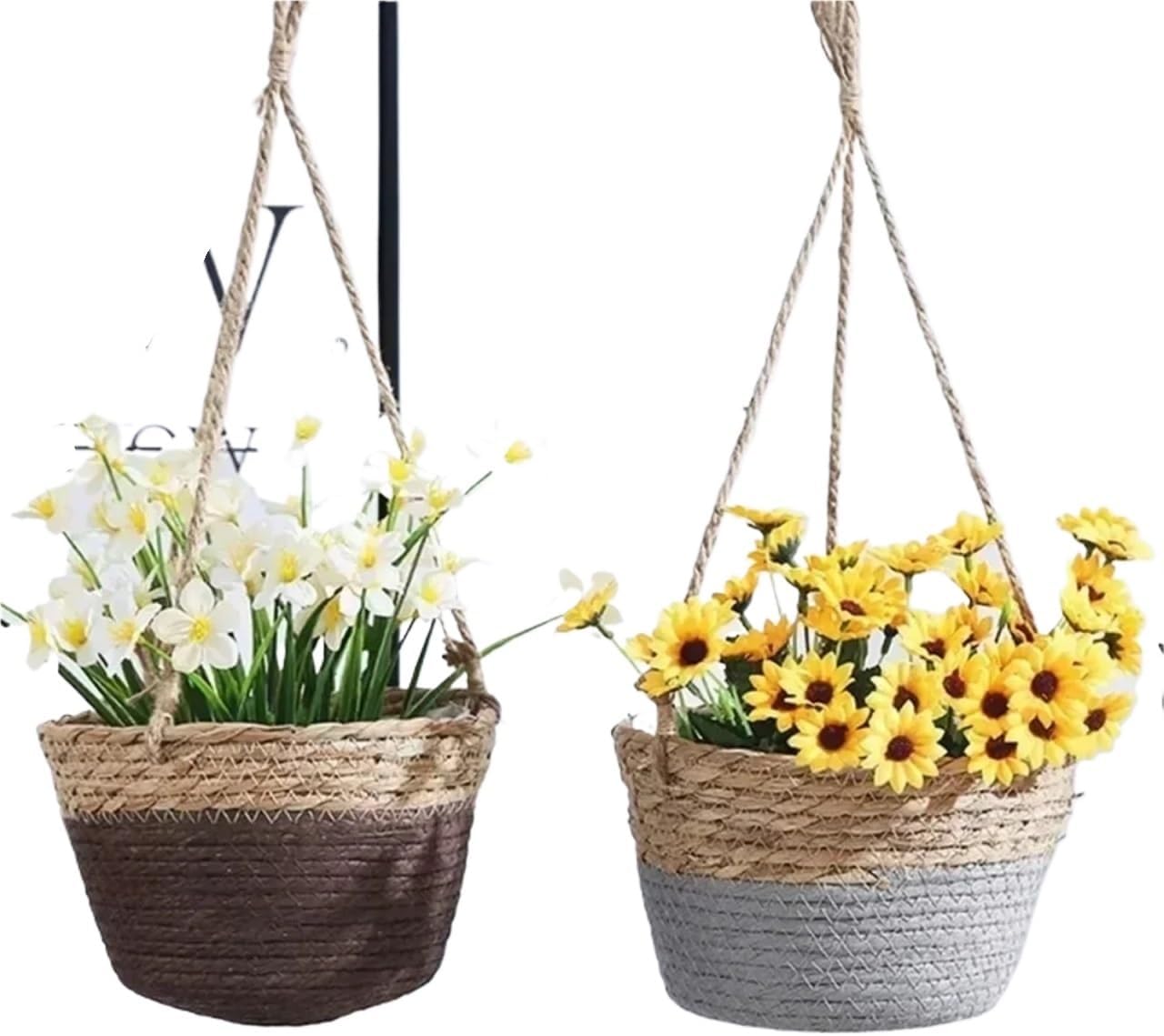 Straw Weaving Flowerpot Hang Flowerpot Strong Load-Bearing Capacity Bracket High-Capacity Straw Weaving Hanging Flower Basket(Original Color)