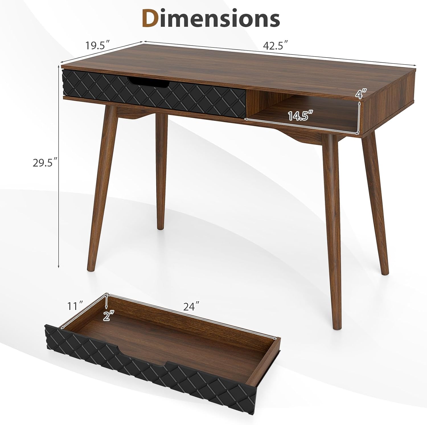 Tangkula Mid Century Modern Desk, Home Office Standing Desk w/Drawer & Open Compartment, Computer Desk Work Study Table, Vintage Writing Desk Wooden Workbench for Bedroom/Living Room