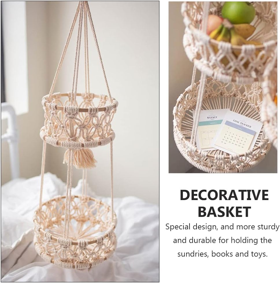 Alipis Macrame Plant Hanger Macrame Hanging Fruit Basket 2 Tier Woven Cotton Rope Storage Baskets Hanging Plant Holder for Vegetable Storage