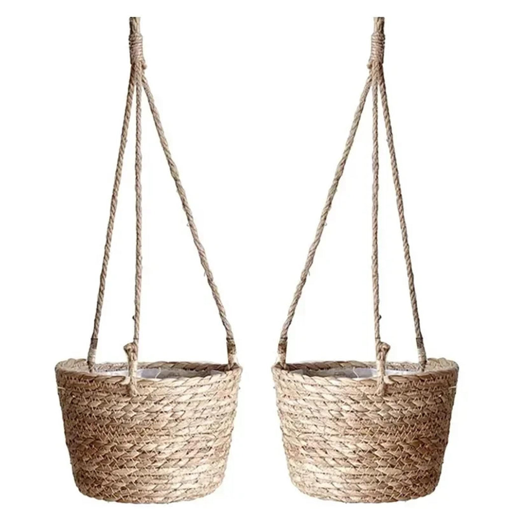 Straw Weaving Flowerpot Hang Flowerpot Strong Load-Bearing Capacity Bracket High-Capacity Straw Weaving Hanging Flower Basket(Original Color)