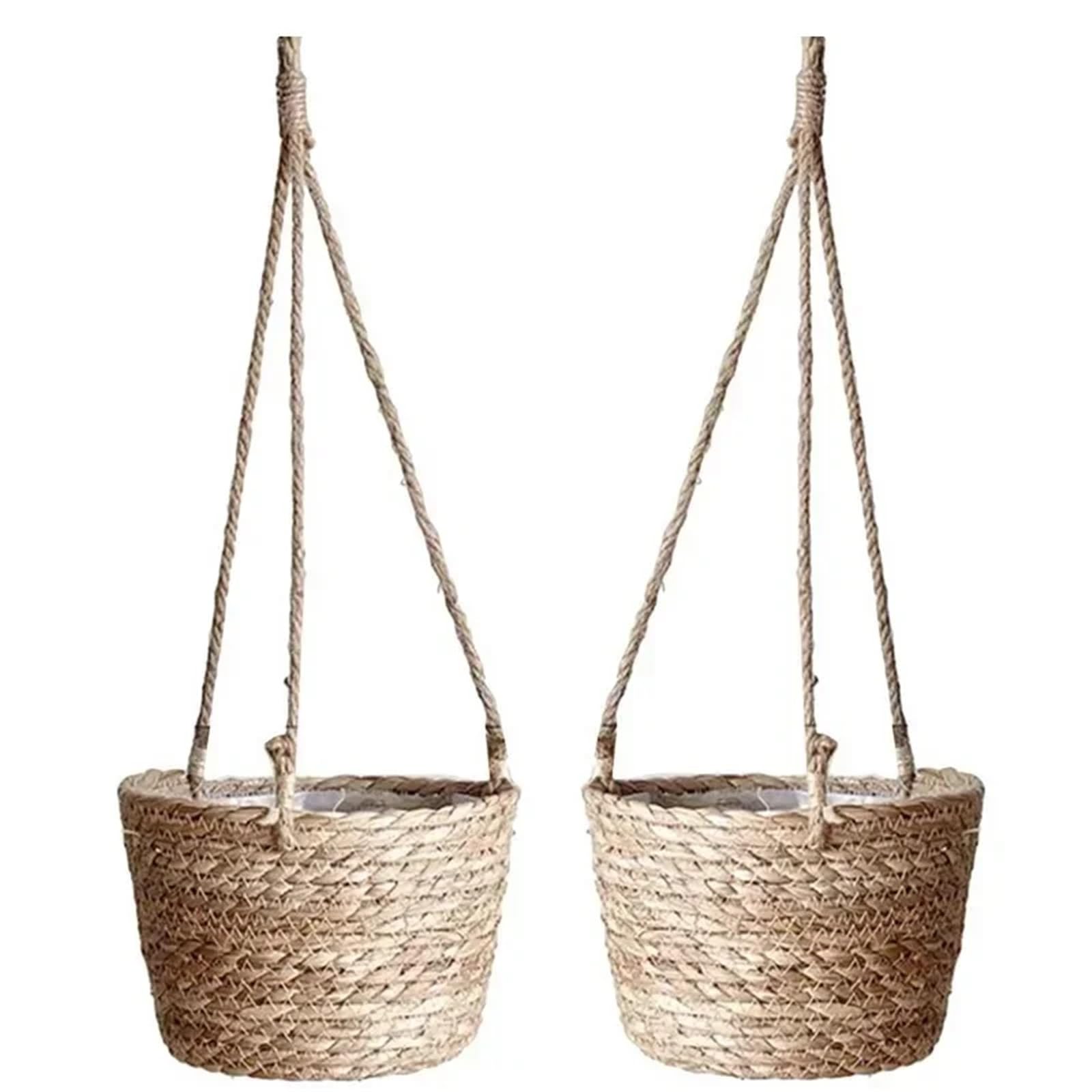 Straw Weaving Flowerpot Hang Flowerpot Strong Load-Bearing Capacity Bracket High-Capacity Straw Weaving Hanging Flower Basket(Original Color)