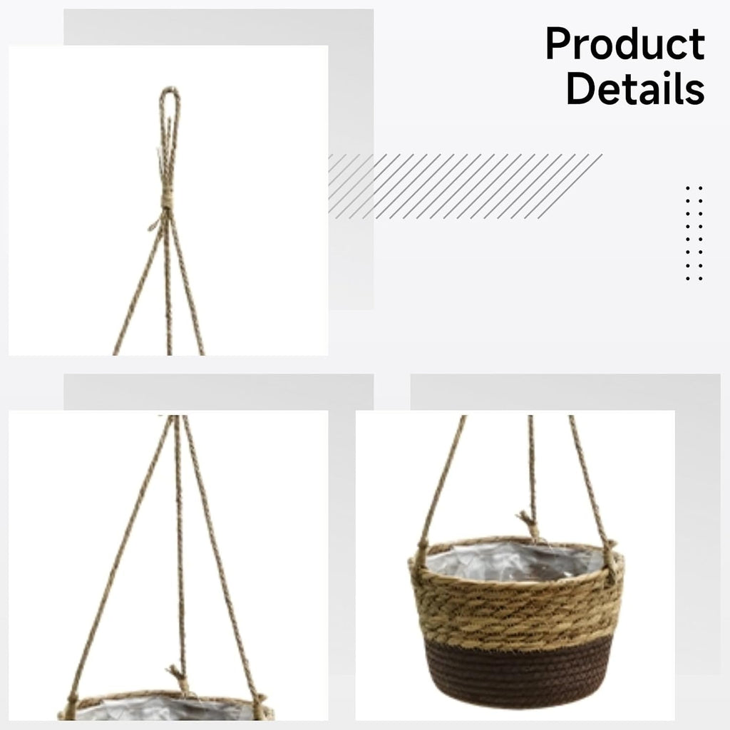 4 Pcs Woven Hanging Planter Basket Set, 7.9 in Opening, Plastic Liner, Jute Rope, Straw Plant Pots for Indoor Outdoor Plants