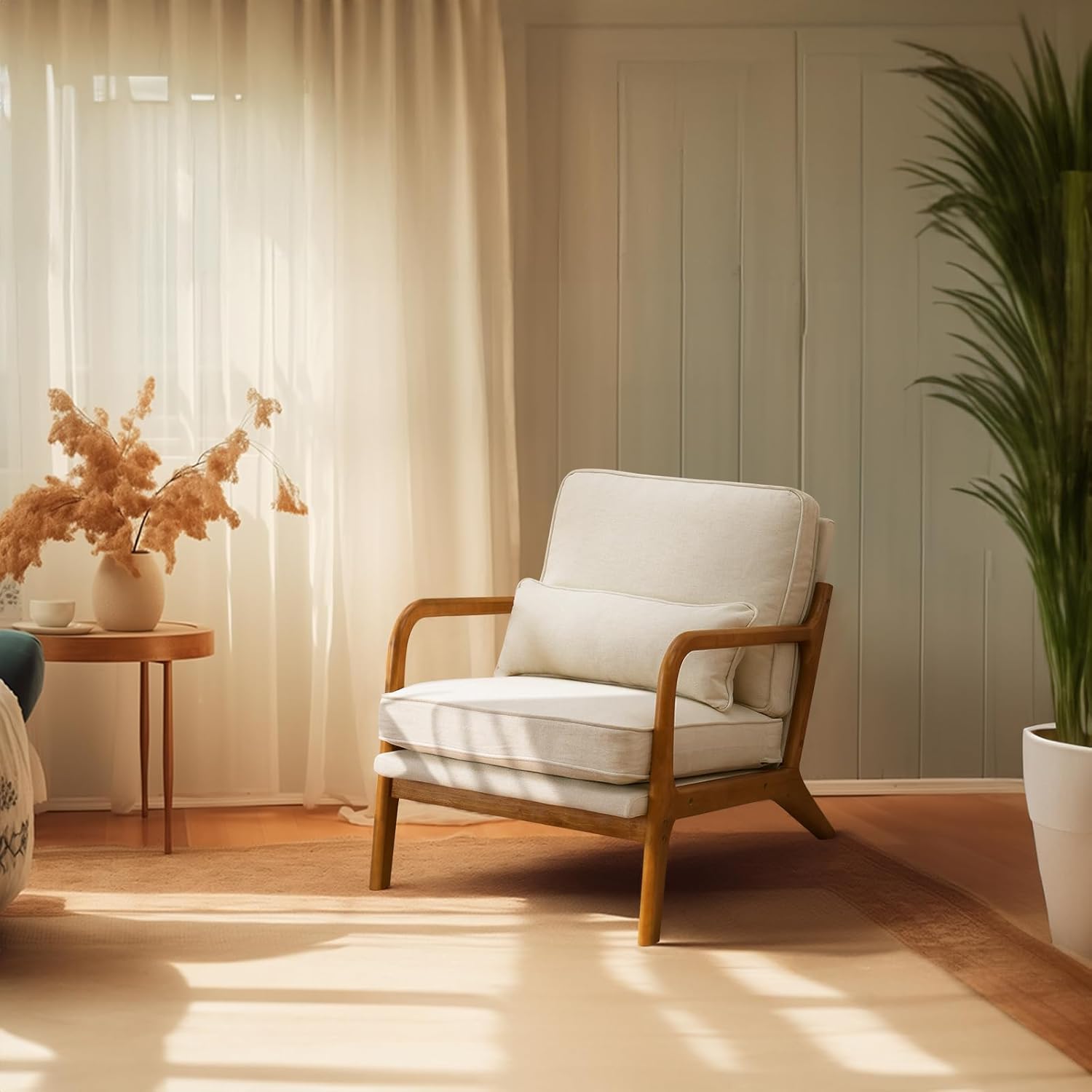 Beige Linen Mid Century Accent Chair, Solid Wood Frame Padded Lounge Armchair for Living Room Bedroom