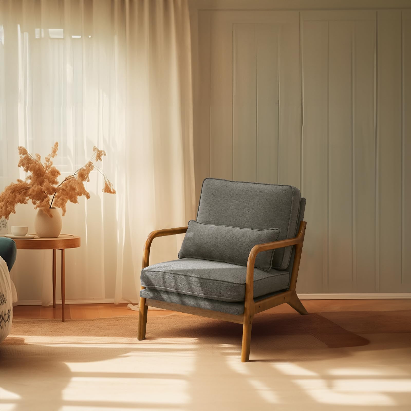 Beige Linen Mid Century Accent Chair, Solid Wood Frame Padded Lounge Armchair for Living Room Bedroom