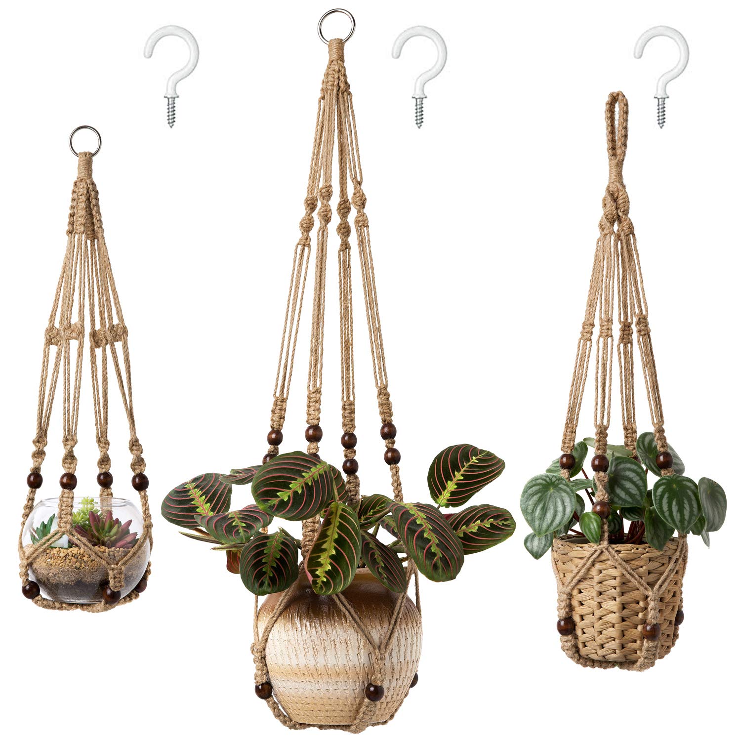 Mkono 3 Pack Macrame Plant Hangers Indoor Different Size Hanging Planter Basket Flower Pot Holder with Beads No Tassels 35"/29"/23", Medium, Ivory
