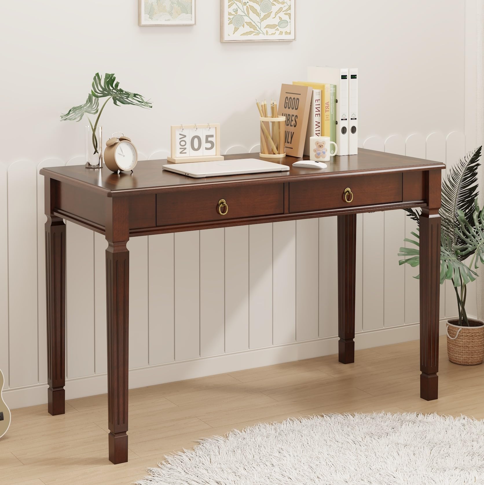Small Writing Desk With 2 Storage Drawers, 31.5" Home Office Desks , Elegant Wood Writing Desks with Carved Legs, Classic Vanity Dressing Table For Small Space Easy Assembly Caramel Brown SSZ-D1258