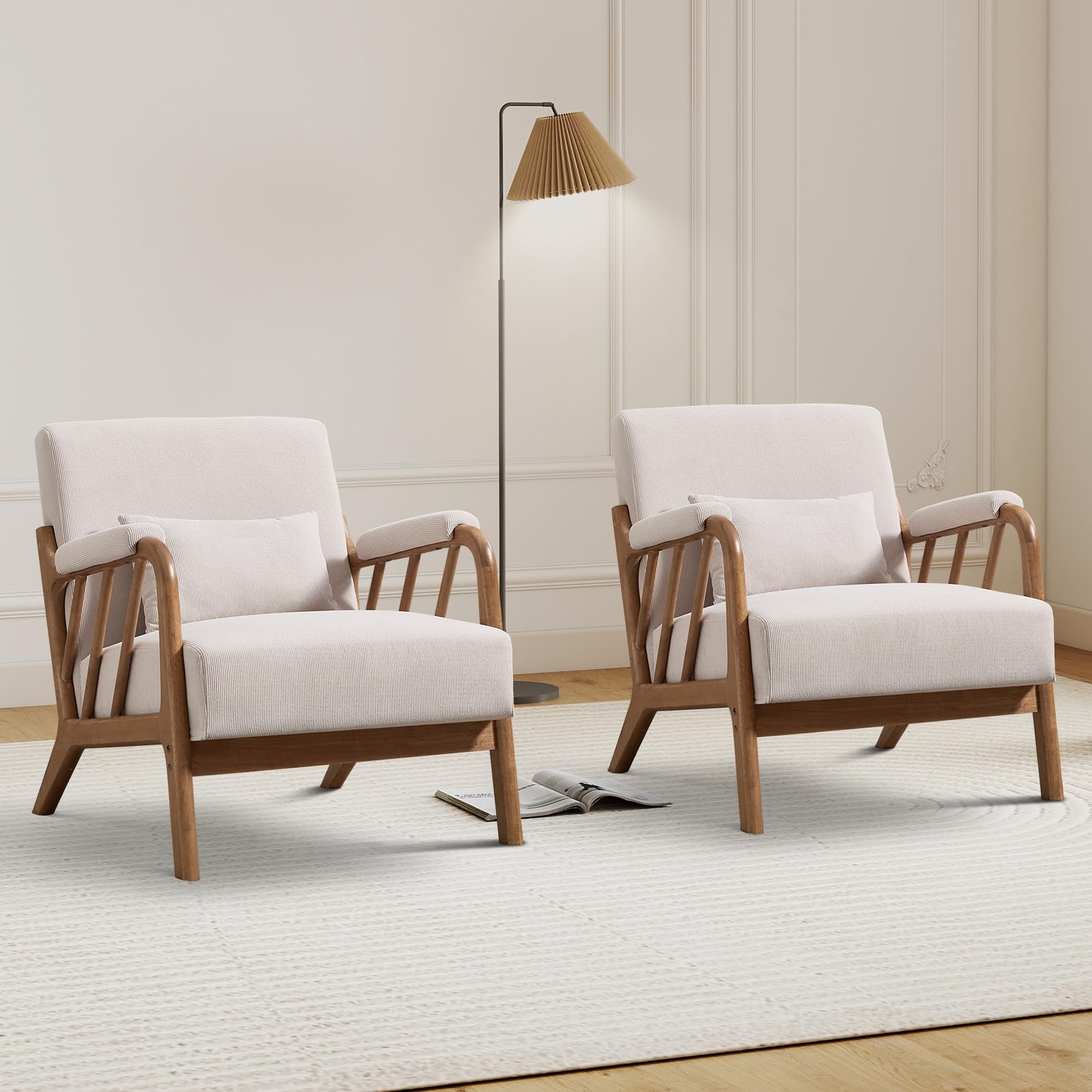 IOMOR Mid Century Modern Accent Chair with Solid Wood Frame Linen Fabric, Upholstered Living Room Chairs with Lumbar Cushion Padded Arms, Reading Armchair for Bedroom (1, Warm Beige)