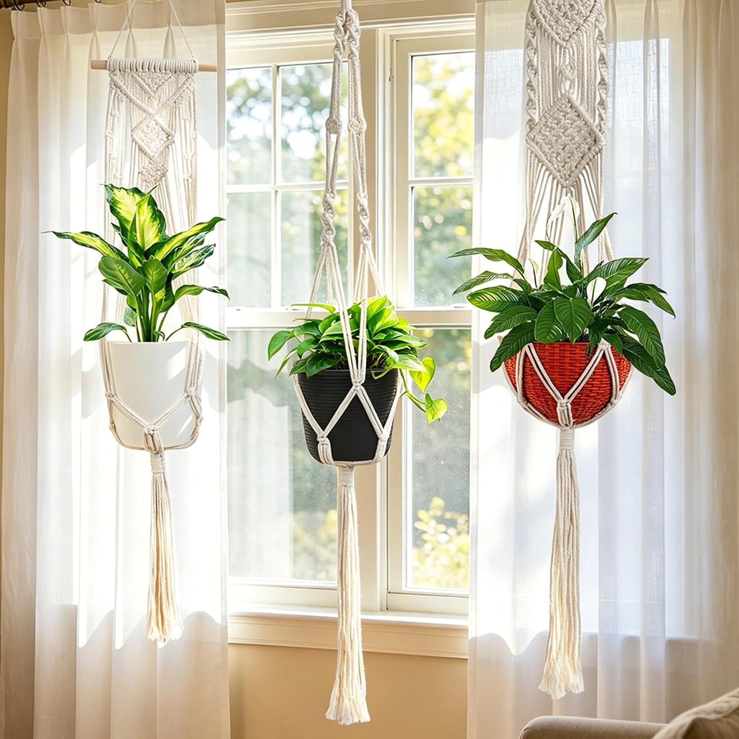 Laerjin Macrame Plant Hangers, Set of 6 Handmade Hanging Plant Holder Basket Stand Decorative Flower Pot Holder - Cotton Rope, 4 Legs, 4 Types