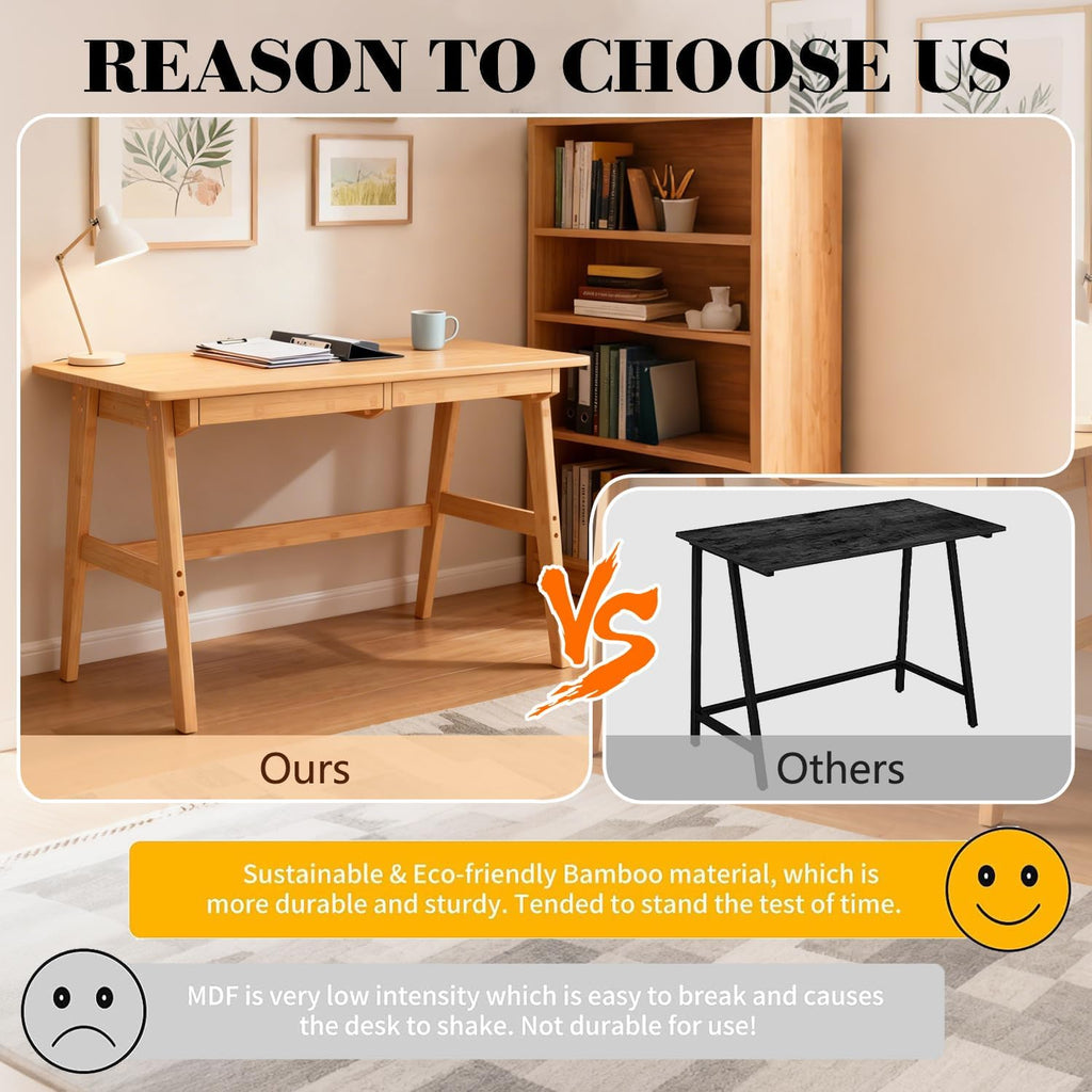 Nnewvante Writing Computer Desk 46" Bamboo Home Office Table with 2 Drawers, Modern Furniture Simple Study Makeup Workstation