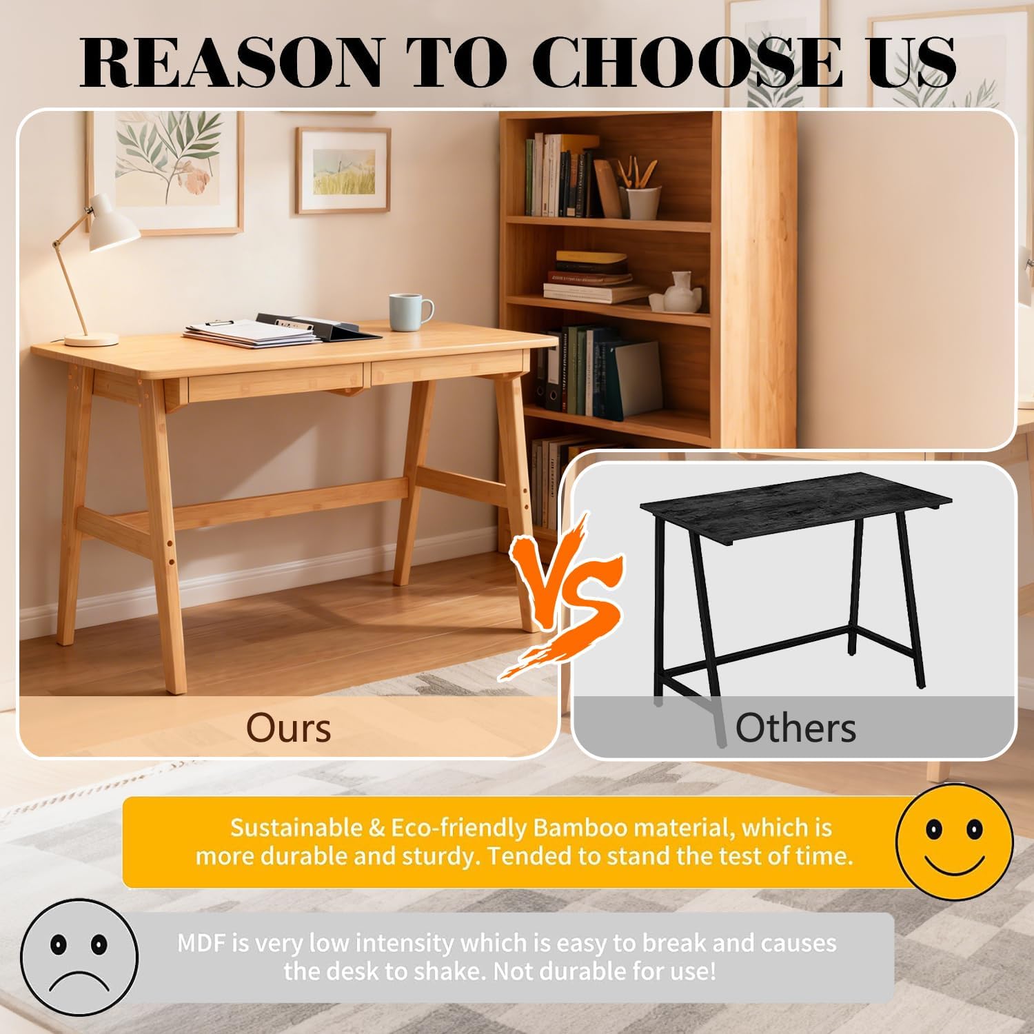Nnewvante Writing Computer Desk 46" Bamboo Home Office Table with 2 Drawers, Modern Furniture Simple Study Makeup Workstation